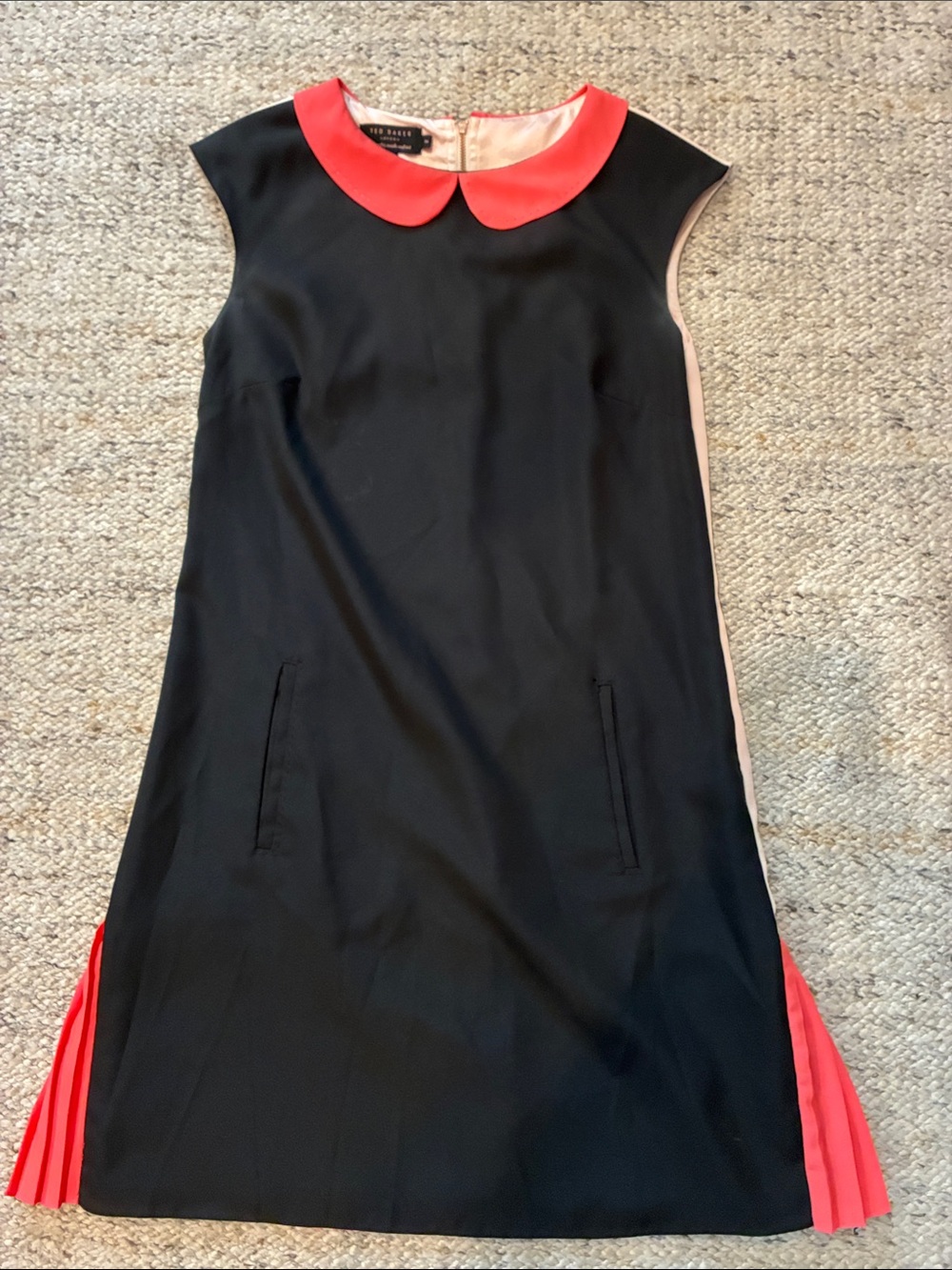 Ted Baker London Black Shift Dress with Coral Collar and Pleat Inserts